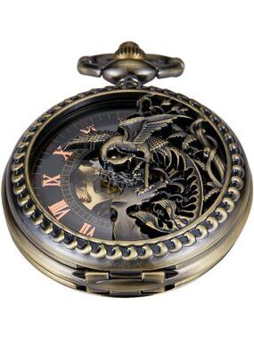 Men's Gold Bronze Skeleton Roman Numerals Hollow Mechanical Round Pocket Watch